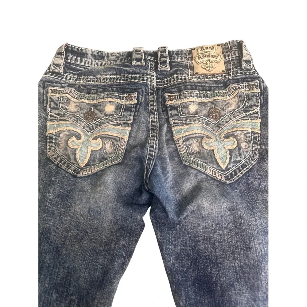Rock Revival Ledford Straight Leg Distressed Jeans Mens 29 Blue Fleur De Lis